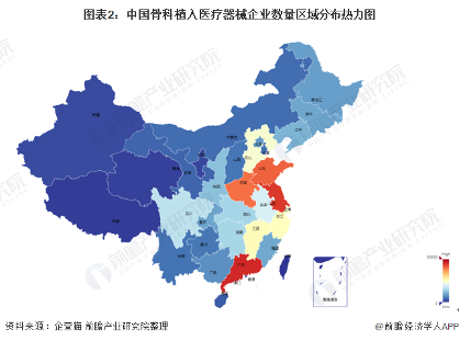 图表2：中国骨科植入医疗器械企业数量区域分布热力图