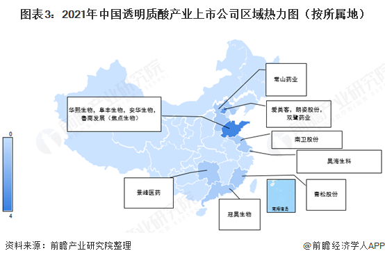 图表3：2021年中国透明质酸产业上市公司区域热力图（按所属地）